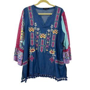 Caleaas Denim Chambray Embroidered Tunic Top 1X Mixed Media Sleeves Crochet Bell